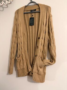 Yacun Tan Cable Knit Button-Front Cardigan